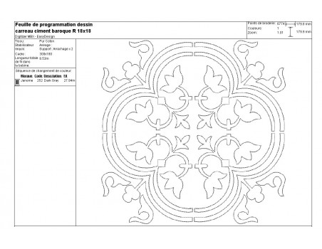 Motif de broderie machine carreau de ciment baroque en redwork