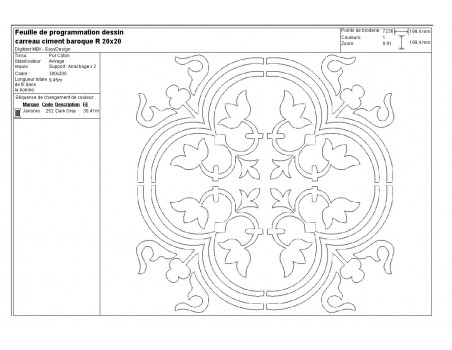 Motif de broderie machine carreau de ciment baroque en redwork