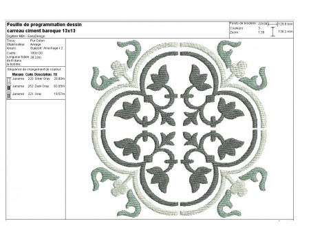 Motif de broderie machine carreau de ciment baroque