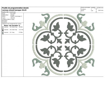 Motif de broderie machine carreau de ciment baroque