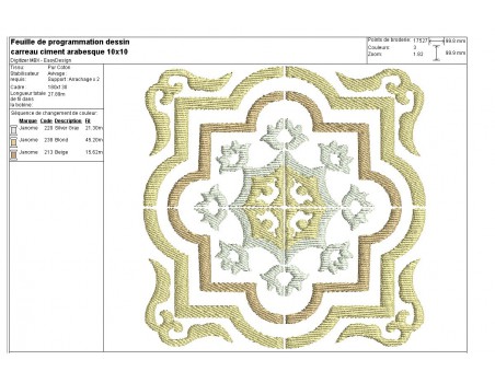 Motif de broderie machine carreau de ciment arabesque