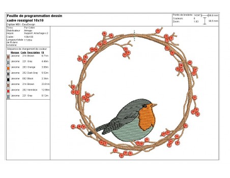 Motif de broderie machine cadre branche au rossignol