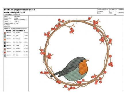 Motif de broderie machine cadre branche au rossignol