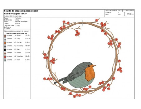 Motif de broderie machine cadre branche au rossignol