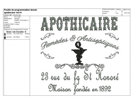 Motif de broderie machine apothicaire 