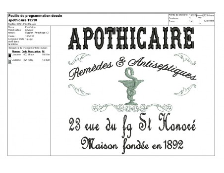 Motif de broderie machine apothicaire 