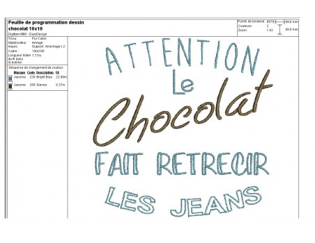 Motif de broderie  machine texte humour Chocolat