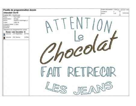 Motif de broderie  machine texte humour Chocolat