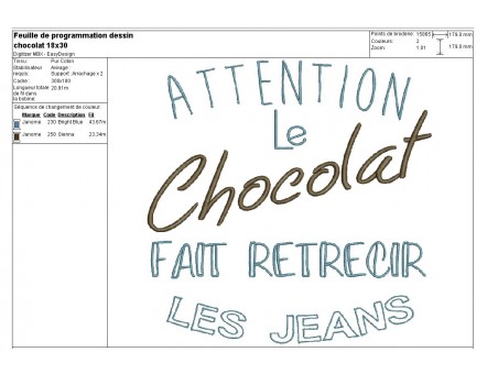 Motif de broderie  machine texte humour Chocolat