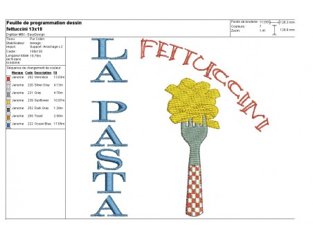 Motif de broderie machine pâtes Italienne Fettuccini