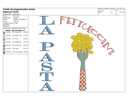 Motif de broderie machine pâtes Italienne Fettuccini