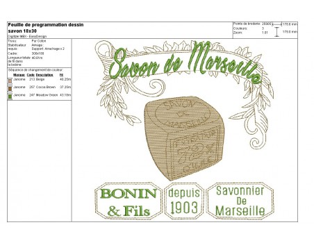 Motif de broderie machine savon de Marseille