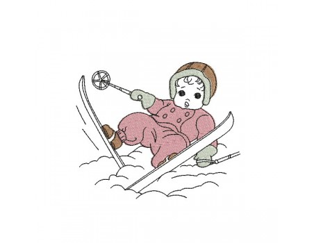 Instant download machine embroidery design vintage Child skiing