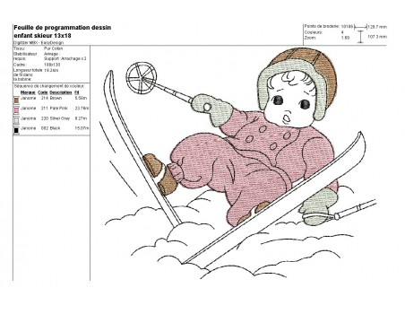 Instant download machine embroidery design vintage Child skiing