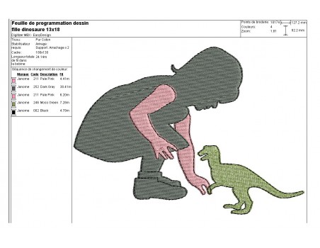 Motif de broderie machine fille avec son dinosaure