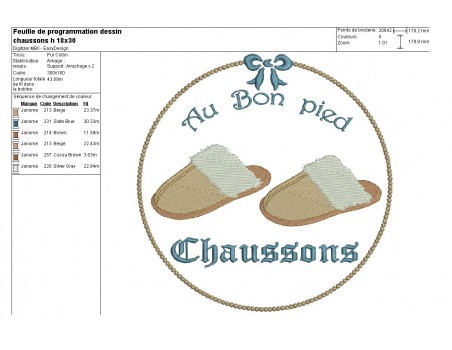 Motif de broderie chaussons homme au bon pied