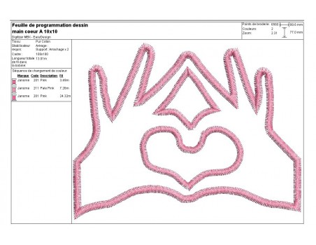 Motif de broderie machine mains formant un coeur en appliqué