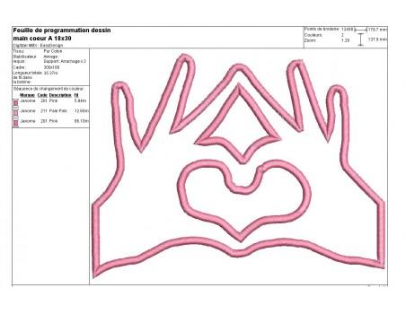 Motif de broderie machine mains formant un coeur en appliqué