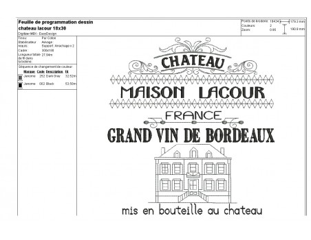 Motif de broderie machine vignoble chateaux Bordeaux