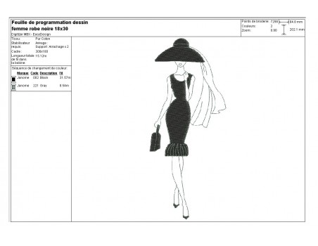Motif de broderie machine silhouette femme robe noire
