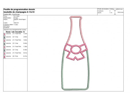 Motif de broderie machine appliqué bouteille de champagne