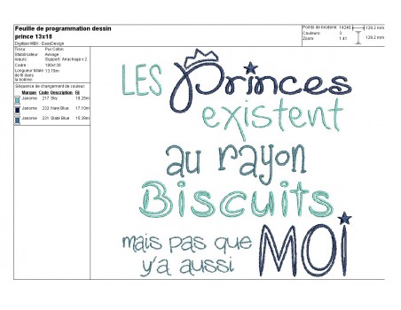 Motif de broderie machine texte humour  prince