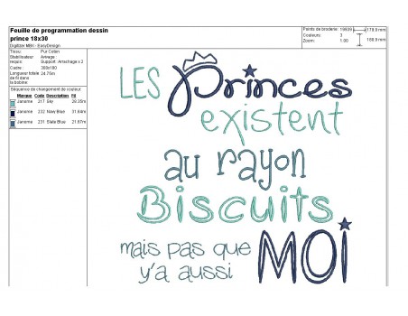 Motif de broderie machine texte humour  prince