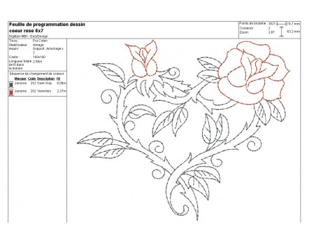 Motif de broderie machine coeur roses