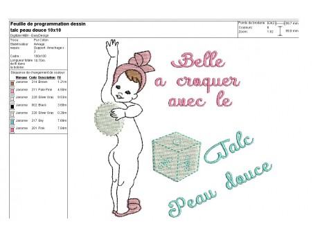 Instant download machine embroidery design vintage little girl advertising putting talc