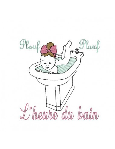 Motif de broderie machine fille vintage prenant un bain dans un bidet