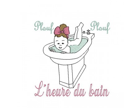 Motif de broderie machine fille vintage prenant un bain dans un bidet