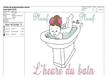 Motif de broderie machine fille vintage prenant un bain dans un bidet