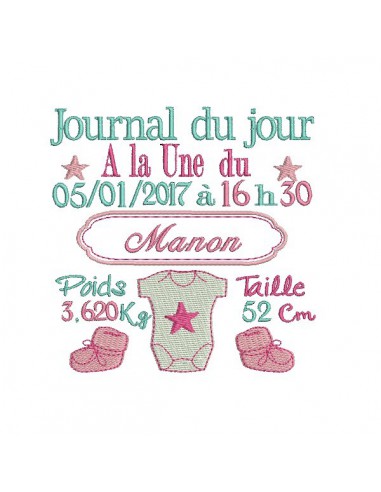 Motif de broderie machine journal de naissance personnalisable