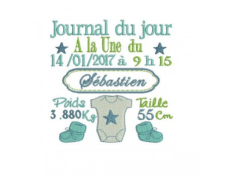 Motif de broderie machine journal de naissance personnalisable