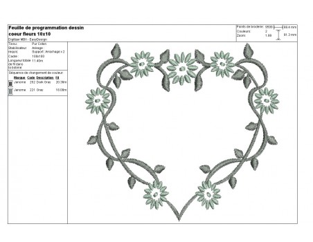 Motif de broderie machine coeur fleurs