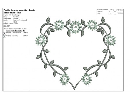 Motif de broderie machine coeur fleurs