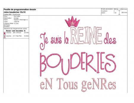 Motif de broderie machine texte humour reine des bouderies