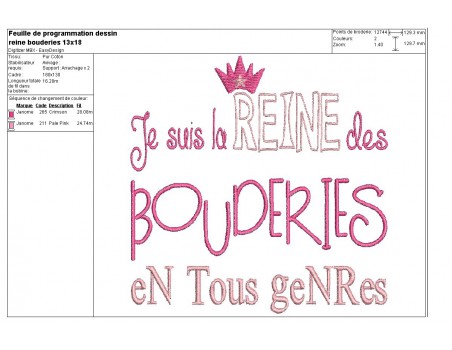 Motif de broderie machine texte humour reine des bouderies