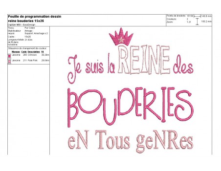 Motif de broderie machine texte humour reine des bouderies