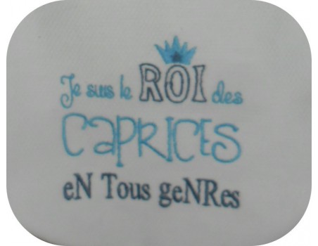 Motif de broderie machine texte humour roi des caprices