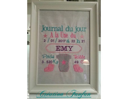 Motif de broderie machine journal de naissance personnalisable