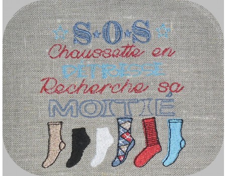 Motif de broderie machine texte humour s.o.s chaussette