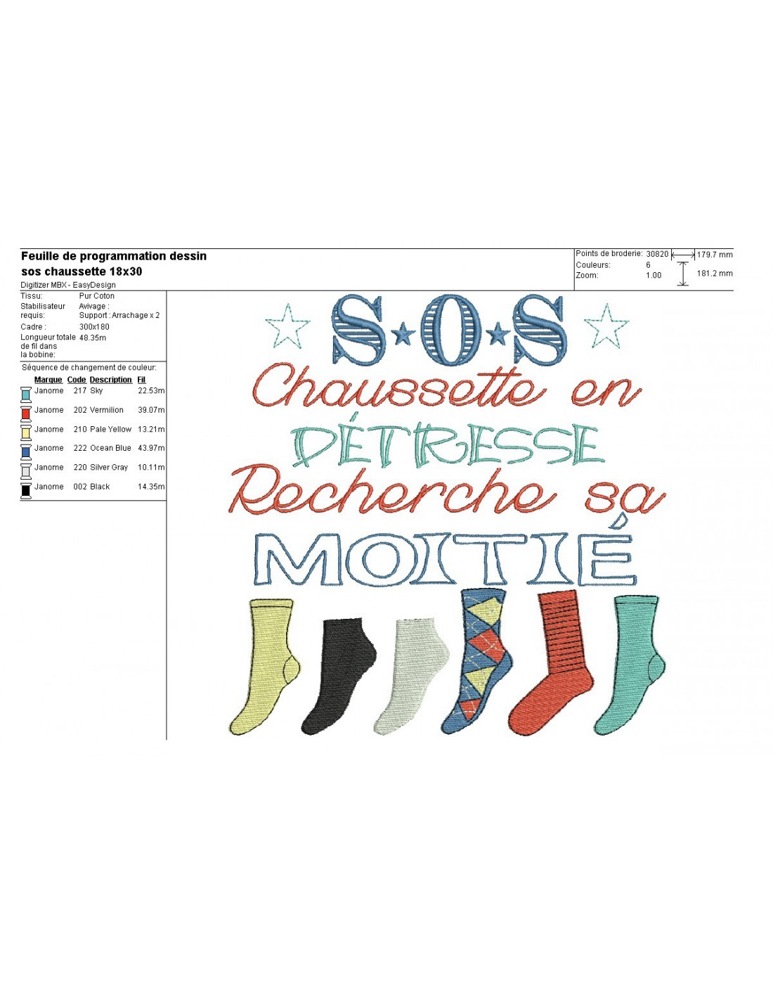 Motif de broderie machine texte humour s.o.s chaussette