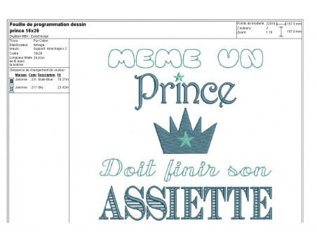 Motif de broderie machine texte humour  prince