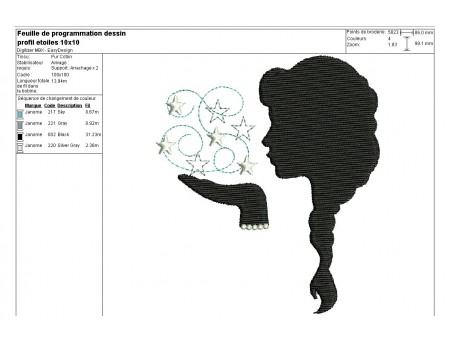 Motif de broderie machine camée profil femme aux étoiles