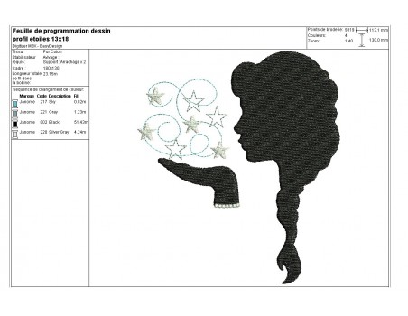 Motif de broderie machine camée profil femme aux étoiles