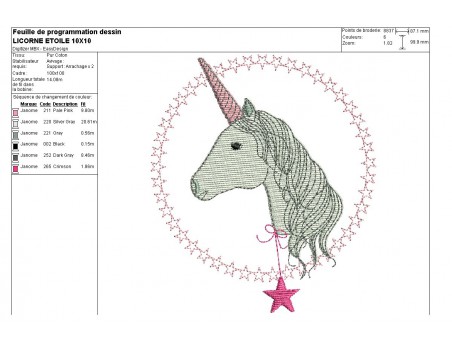 Motif de broderie machine tête de licorne étoilée