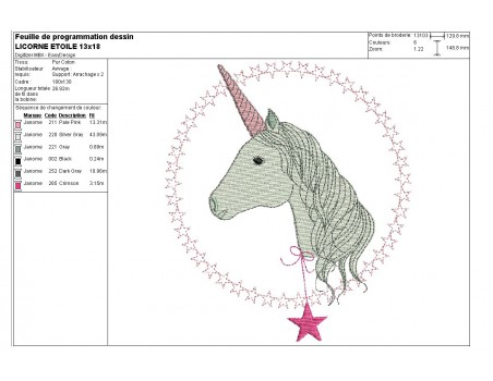 Motif de broderie machine tête de licorne étoilée