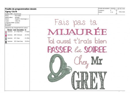 Motif de broderie machine texte humour Grey