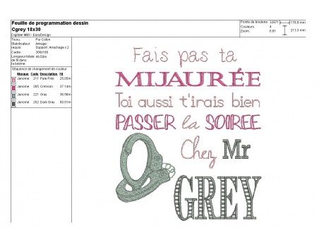 Motif de broderie machine texte humour Grey